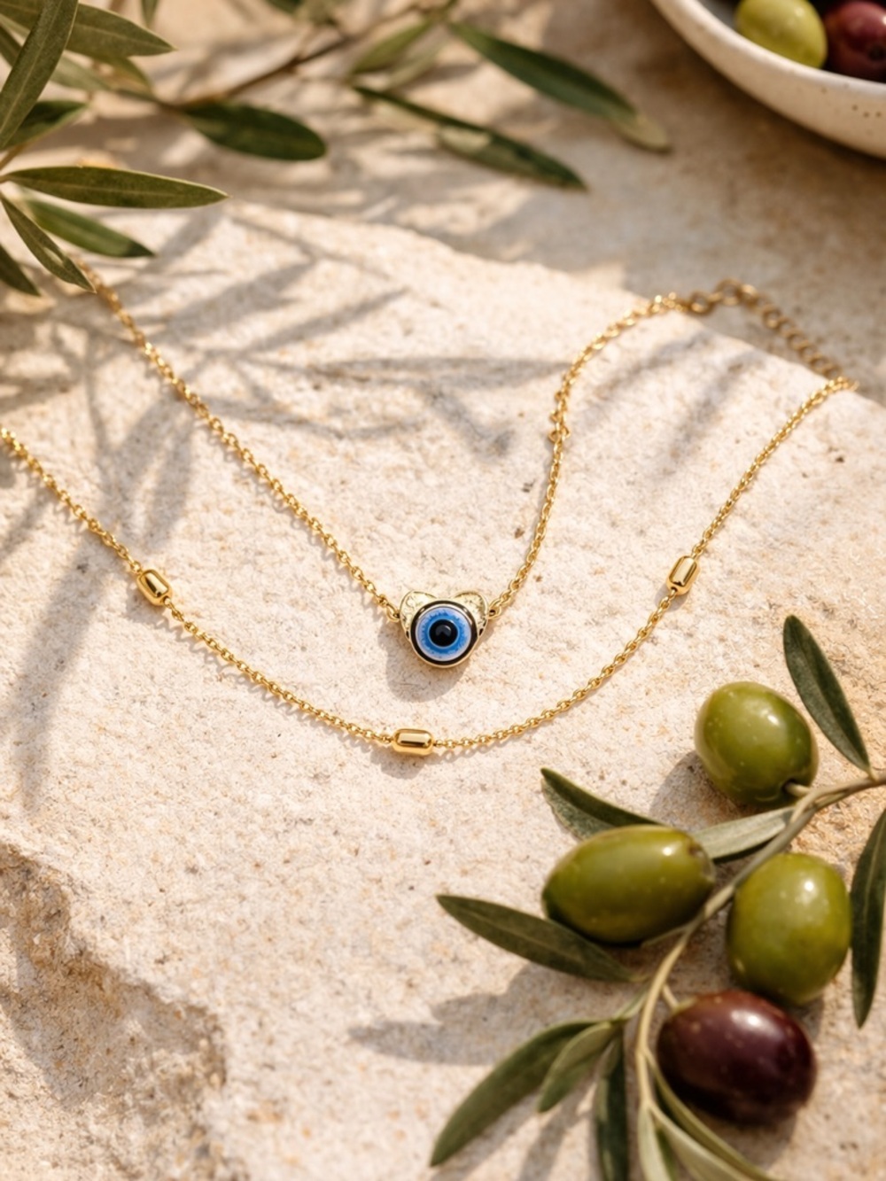 Gold Evil Eye Layered Anklet with Blue Charm - Women Jewelry